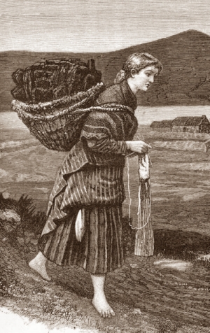 Barefoot young woman knitting while carrying heavy basket on back
